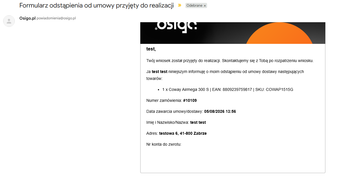 Wiadomość email potwierdzająca zwrot