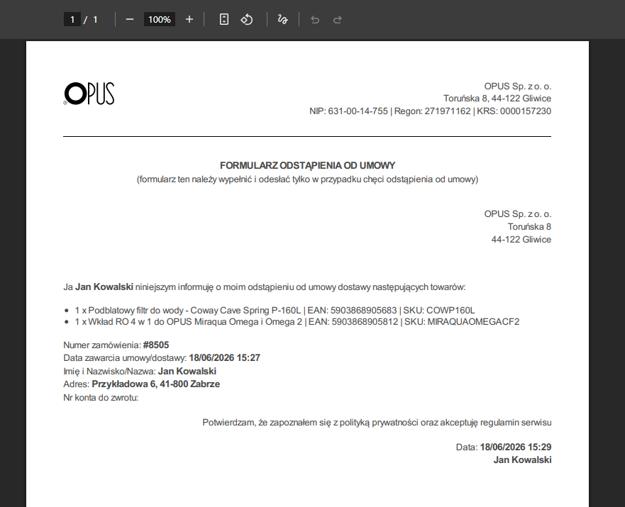 Dokument PDF potwierdzenia zwrotu